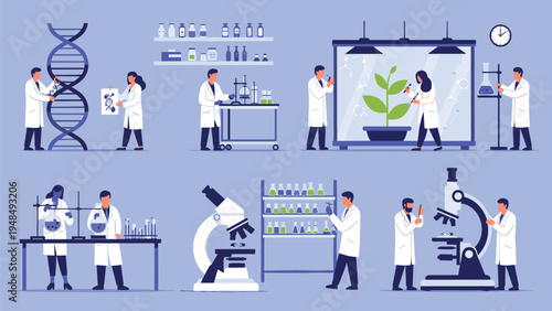 Scientists in white coats performing various experiments in a modern laboratory with DNA, plants, and microscopes.