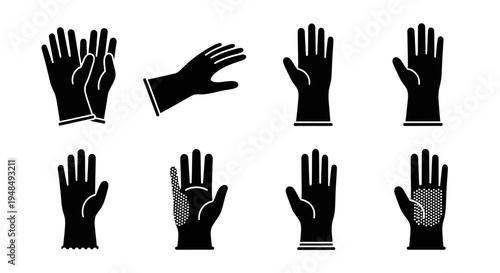 Black Protective Gloves Icons Set - Safety, Hygiene, and Workwear Collection