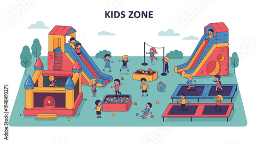 Cartoon illustration of a vibrant kids' playground area with various slides, ball pits, and inflatable castles for children to play.