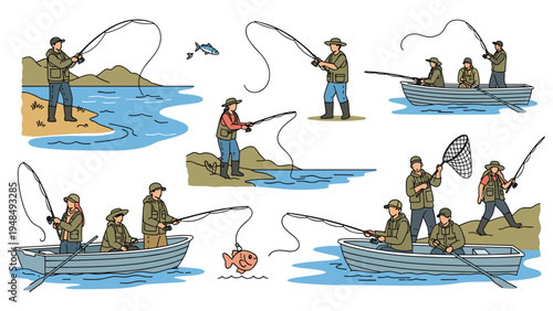 Various characters enjoying fishing from the shore and in boats using rods and nets representing outdoor hobby and leisure.