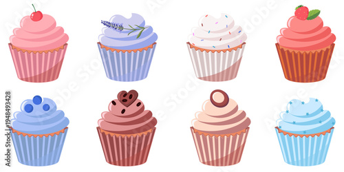 Assortment of colorful cupcakes and muffins, berry muffins, frosted cupcake, blueberry muffin, chocolate cupcake, lavender cupcake