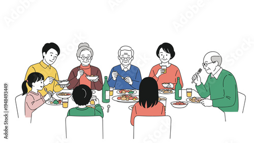 Illustration of a large multi-generational family sitting around a dinner table and enjoying a meal together at home.