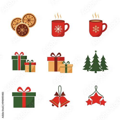 Christmas Icons: Gifts, Hot Drinks, Cookies, Bells, Stars, Trees