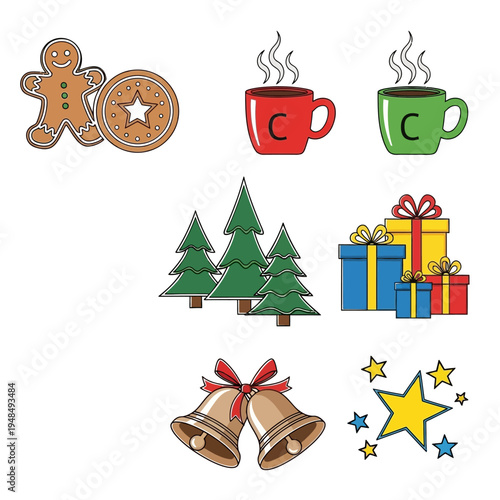 Christmas Icons: Gingerbread Man, Hot Drinks, Trees, Gifts, Bells, Stars