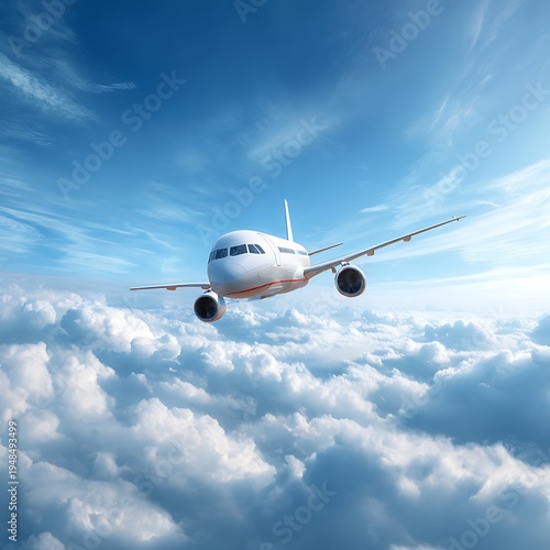 A commercial jet flying high above clouds sky image photo picture