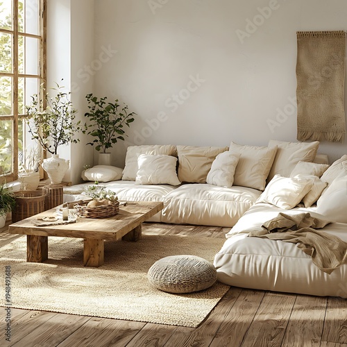A contemporary boho interior living room plants wooden furniture image photo picture