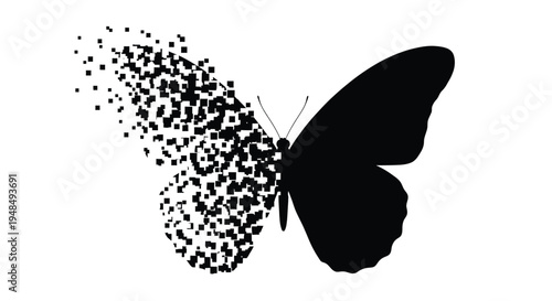A butterfly silhouette dissolves into small black particles.