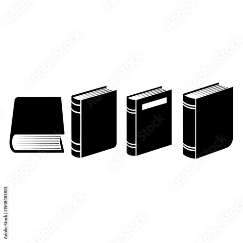 Collection of open and closed black books, vector illustration on white background