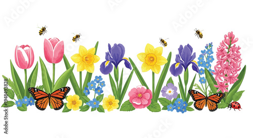 The spring flower border contains colorful blossoms and insects.