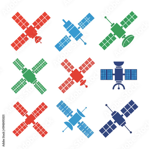 Collection of Satellite Icons in Red, Blue, and Green on White Background