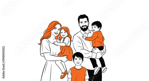 The family group portrait shows parents holding two small children.