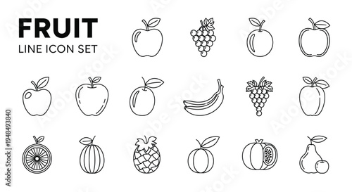 Assorted fresh fruit line icon set for graphic design.