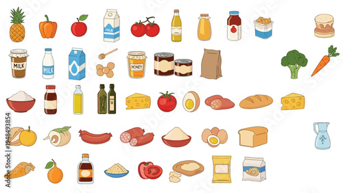 Large collection of diverse food icons including fruits, vegetables, dairy, meat, and pantry staples for grocery and diet topics.