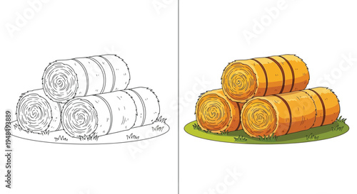 Three round hay bales rest stacked upon green grassy ground.