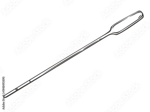 Viking Oar with long wooden shaft and carved paddle blade, traditional Norse rowing tool for drakkar ships and sea travel. Detailed Viking Oar in monochrome outline style, line vector illustration.