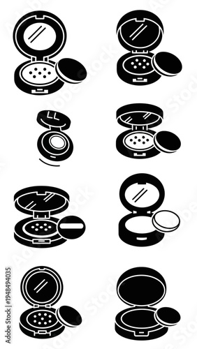 Compact Powder Icons Set: Makeup Application and Tools