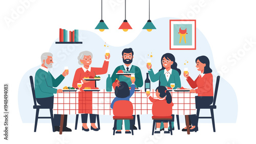 Illustration of a formal dinner party where family and friends are eating, drinking, and cheering together at a long table.