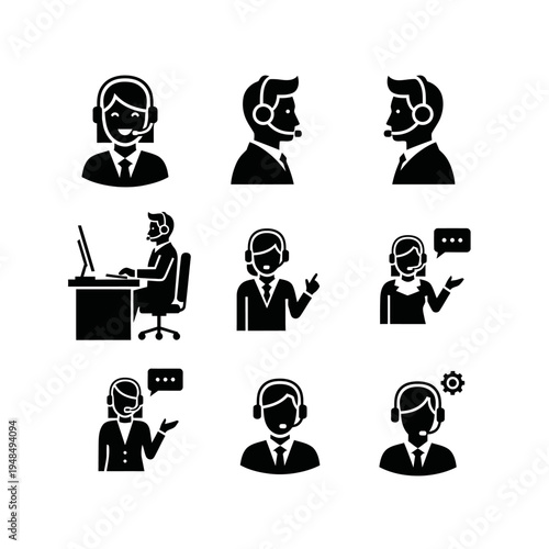 Customer Support Icons: Call Center Agents, Communication, Service