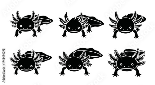 Cute Axolotl Icons Set, Black and White, Simple Vector Illustrations