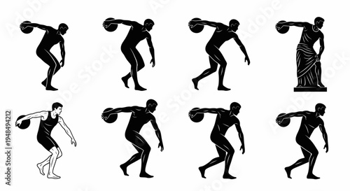 Discus Thrower Silhouette Sequence Vintage Style Statue and Athlete