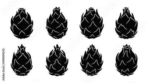 Dragon Fruit Icon Set: Tropical Exotic Fruit Silhouettes, Black and White