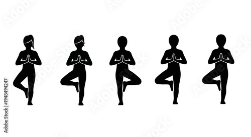 Diverse group of people in yoga tree pose silhouette