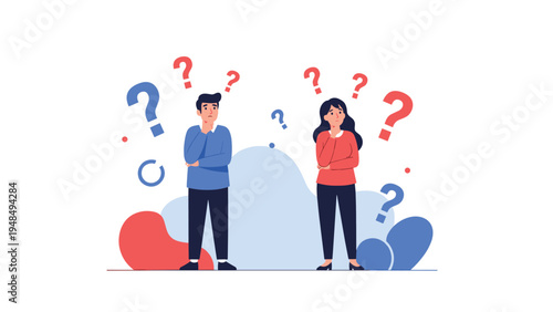Illustration of a man and a woman looking confused and thinking with multiple question marks floating around them.
