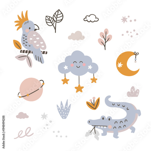 A set of flat vector illustrations in a simple, child-friendly style. Cute animals elephant, crocodile, giraffe, tiger, leopard, lion, parrot, and koala—along with flowers, clouds, and stars.