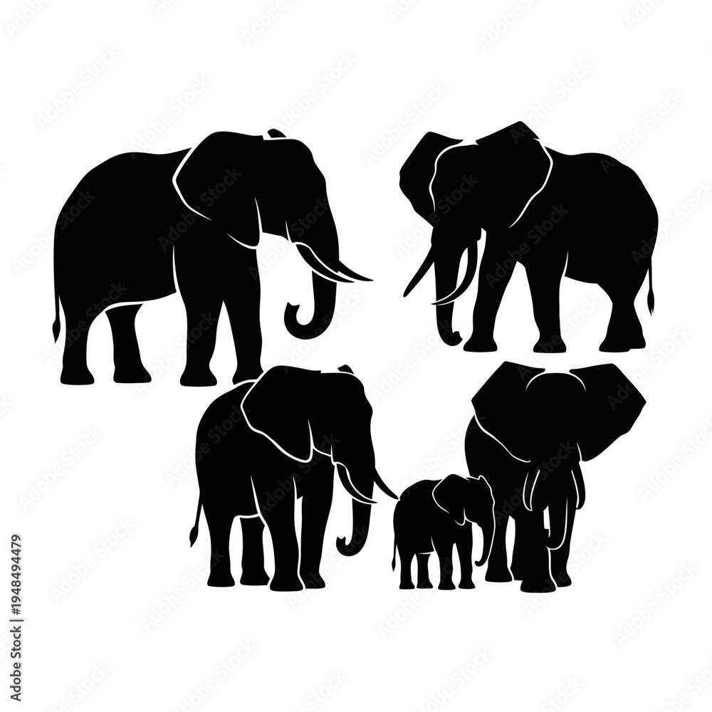 Fototapeta premium Elephant Family Silhouette - African Elephants Illustration