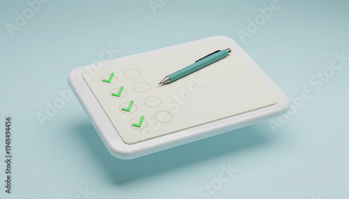 Teal pen on checklist with green checkmarks on white paper