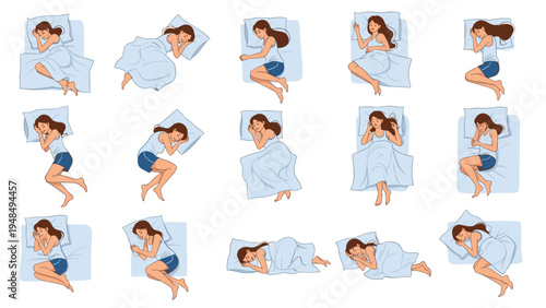 Large collection of illustrations showing various sleeping positions of a woman in bed for sleep quality and health topics.
