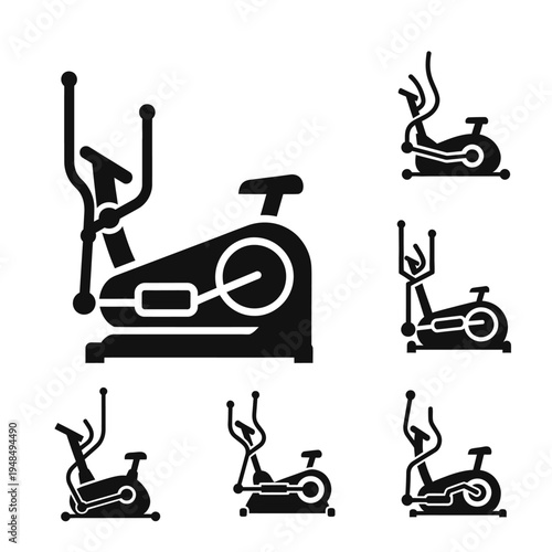 Elliptical Machine Icons Set, Fitness Equipment Vector Graphics