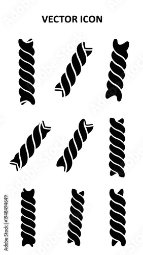 Fusilli Pasta Icons Set, Vector Illustration, Black and White