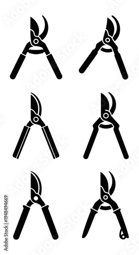 Garden Pruning Shears Collection Icon Set, Black Silhouette on White Background