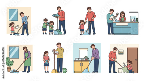 Various scenes of children helping their parents with household chores like sweeping, cleaning, and washing dishes at home.