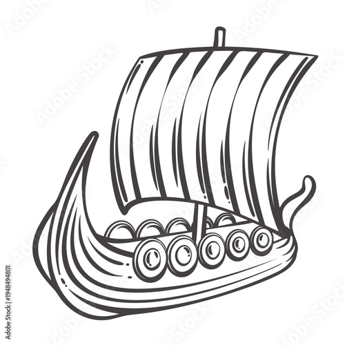 Viking Drakkar ship with curved prow, round shields along hull and tall sail, traditional Norse longship for sea travel, raids and heritage themes. Viking Drakkar line vector illustration.