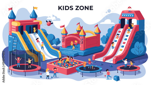 Vibrant children's indoor play area with large inflatable slides, castles, and trampoline for entertainment and active play.