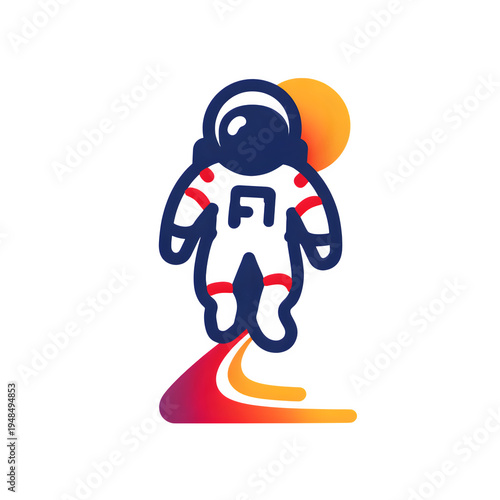 Minimalist astronaut logo design, modern spaceman character with jetpack trail, creative cosmic explorer icon for startup branding and tech identity