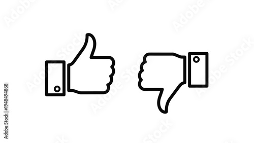 Simple black and white line icons of thumbs up and thumbs down hand gestures for customer feedback, rating, and approval.