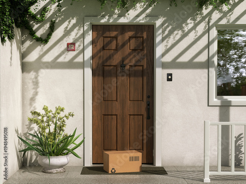 3D rendering of a cardboard parcel box with a recycle symbol left on the doorstep of a modern house, concept for e-commerce delivery and shipping services.