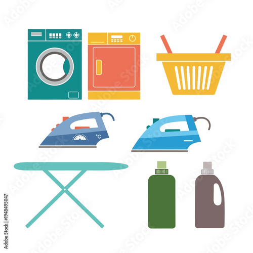 Laundry Room Appliances and Accessories Flat Design Vector Icons