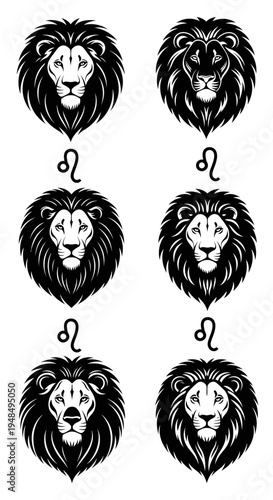 Leo Zodiac Sign Symbol and Lion Head Illustrations