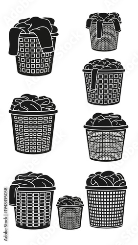 Laundry Baskets Full of Clothes, Household Chores, Vector Graphics