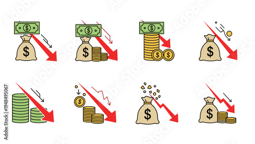 Financial crisis and economic recession icons illustrate falling money values with descending red arrows and coins.