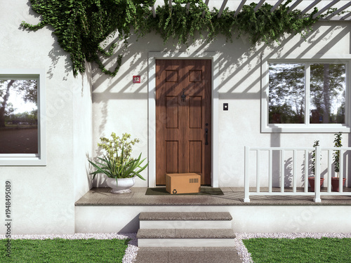 Tableau sur toile 3D rendering of a cardboard parcel box with a recycle symbol left on the doorstep of a modern house, concept for e-commerce delivery and shipping services