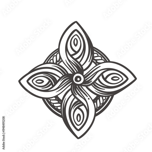 Viking ornament symbol with interlaced knot pattern and symmetrical floral shape, traditional Norse decorative motif for shields, banners and tattoos. Detailed Viking ornament vector illustration.