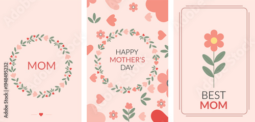 Happy Mother's Day greeting card with elegant pink floral frame, hand-drawn spring flowers and modern calligraphy lettering on white background for motherhood celebration. Vector illustration.