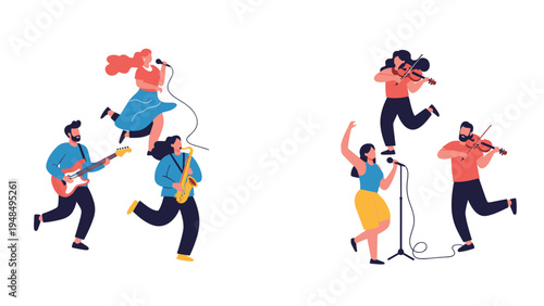 Musical band performing live includes singers and musicians playing guitar, saxophone, and violin in a flat vector style.