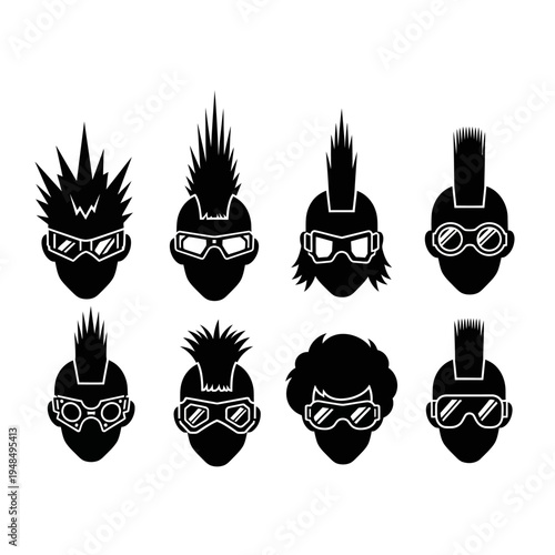 Punk Rocker Mohawk Icons Set Silhouette