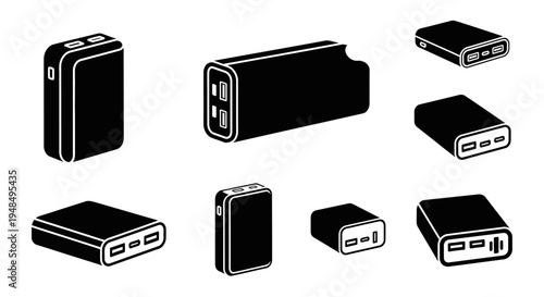 Portable Power Bank Icons - Set of 8 Electronic Gadget Illustrations